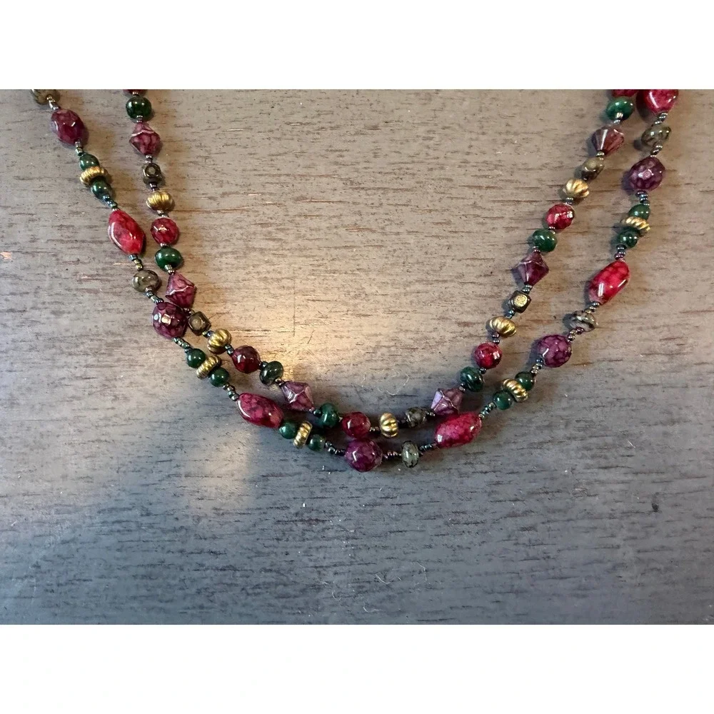 Vintage Multi Strand Beaded Necklace Red Green Gold Tone Jewel Tone 24 Inch